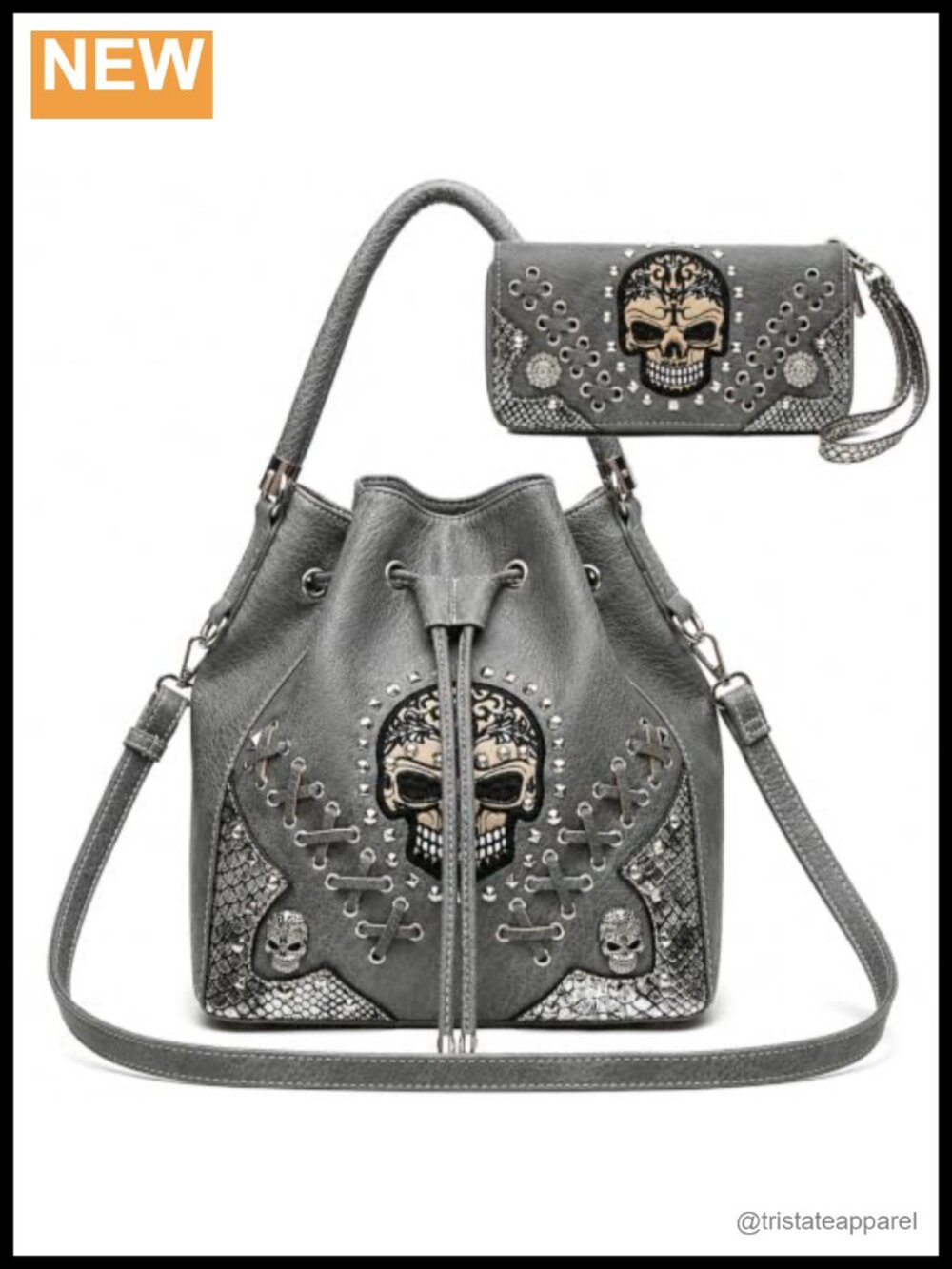 Gothic Skull Bucket Handbag Set with Wallet and Wristlet Strap